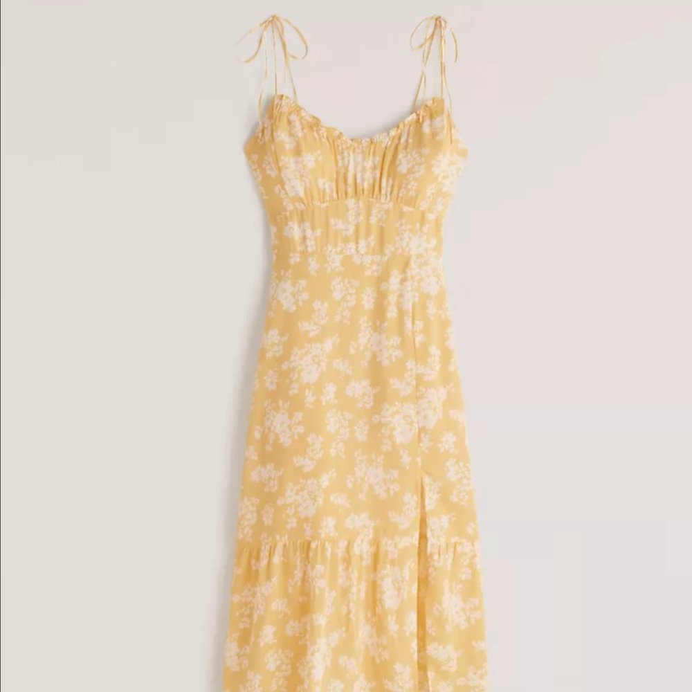 Abercrombie Tie-Strap Ruched Midi Dress in Yellow / Size XS